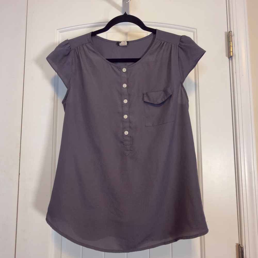 J.Crew Women Gray Cap Sleeve Button Front Blouse Gathered Back Size S Career - Picture 2 of 7